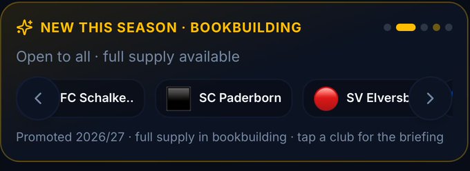 A dark-themed promotional banner titled 'NEW THIS SEASON · BOOKBUILDING' showing three German football clubs - FC Schalke, SC Paderborn, and SV Elverstedt - that have been promoted for the 2026/27 season, with full supply available.