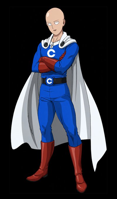 An anime character resembling a bald Saitama from One Punch Man wearing a blue superhero costume with a 'C' logo, white cape, red gloves and boots, standing with arms crossed.