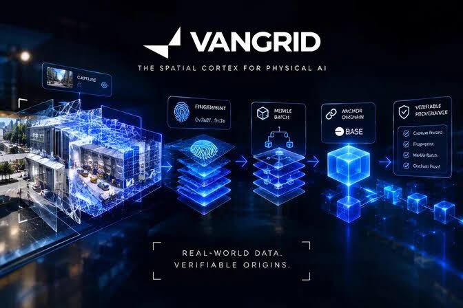 A promotional graphic for VANGRID, labeled "THE SPATIAL CORTEX FOR PHYSICAL AI," illustrating a workflow from real-world data capture to verifiable provenance onchain via Middle Batch and Base.