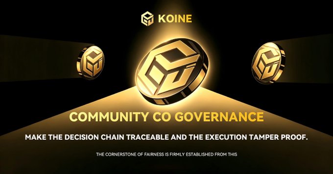 The image is a black and gold banner for "KOINE," featuring three metallic cube logos and the headline "COMMUNITY CO GOVERNANCE," directly reinforcing the post's message of building a transparent, tamper-proof foundation of fairness through traceable decision-making.