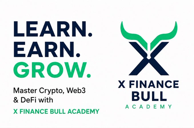 The image is a promotional banner for "X Finance Bull Academy," featuring the tagline "LEARN. EARN. GROW." in bold navy and green text, alongside a logo of a stylized bull's head forming an "X" with "X FINANCE BULL ACADEMY" written below. It promotes mastering Crypto, Web3 & DeFi, aligning with the post's emphasis on understanding the fundamentals behind ISO 20022-related projects like $XRP, $XLM, $HBAR, $QNT, $XDC, and $LINK rather than simply holding tickers.