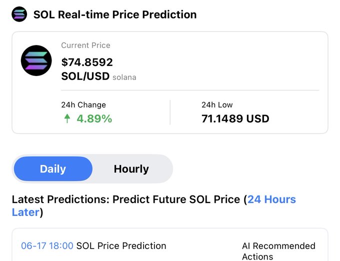The image shows a white screen with text containing information about real-time price predictions, specifically for the cryptocurrency Ripple. The text includes the current price of Sol and an analysis showing that its value decreased from $74,898 to $71,1449 US dollars over 24 hours. The post also mentions that the AI Research Engine is running the next recommendation based on these signals. This suggests that investors should pay attention to real-time market trends when making decisions about their investments in cryptocurrencies like Ripple.