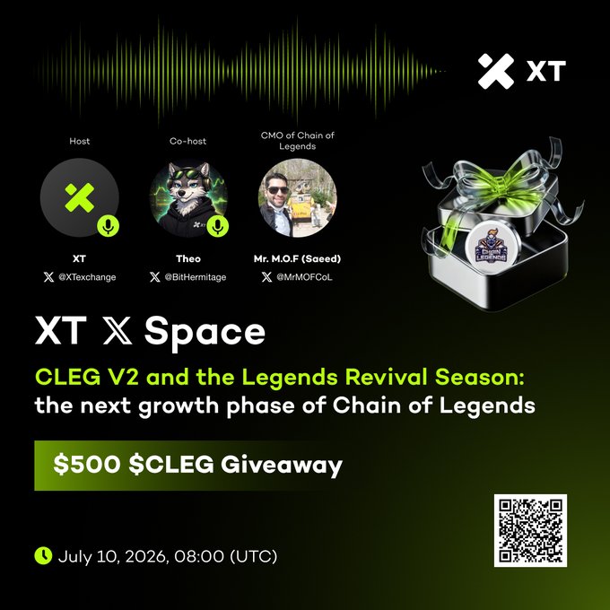 A promotional graphic for an XT X Space event on July 10, 2026, at 08:00 UTC featuring hosts from @XTexchange, @BitHermitage, and @MrMOFCoL discussing "CLEG V2 and the Legends Revival Season" for Chain of Legends, offering a $500 $CLEG giveaway with hashtags #CLEG #Giveaway. The design includes a waveform graphic, an XT gift box with the Chain of Legends logo, and a QR code for participation.