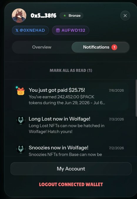 A notifications screen for user 0x5_38f6 (Bronze tier) showing a $25.75 payment received, along with NFT updates for Long Lost and Snoozies on Wolfage.