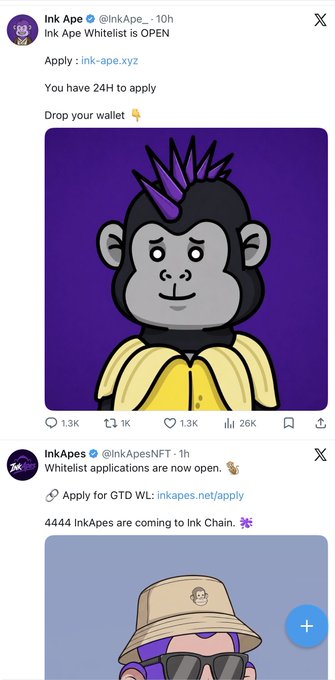 Screenshots of X (Twitter) posts from Ink Ape (@InkApe_) announcing an open whitelist with a 24-hour application window via ink-ape.xyz, and from InkApes (@InkApesNFT) stating 4444 InkApes are coming to Ink Chain.