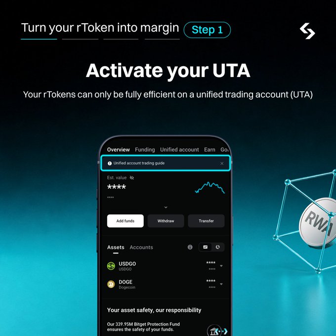 Mobile app tutorial titled 'Activate your UTA' explaining how to turn rTokens into margin on a unified trading account, showing USDGO and DOGE assets.