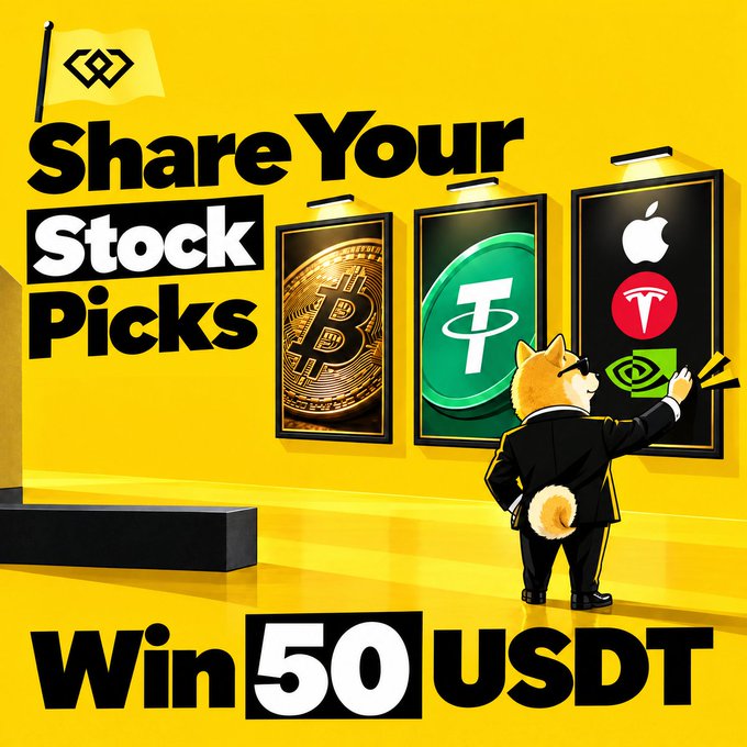 A bright yellow promotional graphic featuring a Shiba Inu mascot in a suit standing before framed displays of Bitcoin (BTC), Tether (USDT), Apple (AAPL), Tesla (TSLA), and NVIDIA (NVDA) logos, with bold text reading "Share Your Stock Picks" and "Win 50 USDT." The image visually reinforces the contest's call to submit top stock picks for a chance to win a share of 250 USDT across 5 winners.