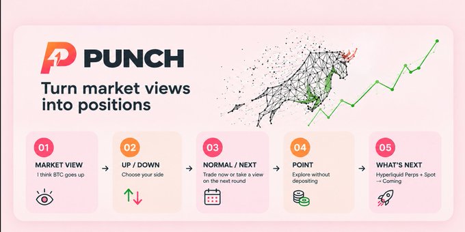 A promotional graphic for 'PUNCH - Turn market views into positions' with a stylized bull illustration and a five-step process: Market View, Up/Down, Normal/Next, Point, What's Next.