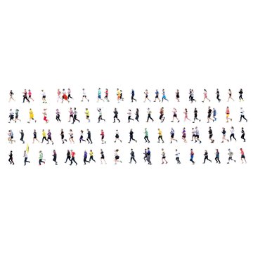 A sprite sheet displays numerous small character animations in various action poses, featuring figures in colorful outfits performing different movements against a white background.