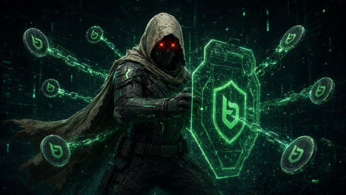 A dark cyberpunk-themed digital artwork showing a hooded figure with glowing red eyes holding a green holographic shield, surrounded by floating digital tokens with the letter "b".
