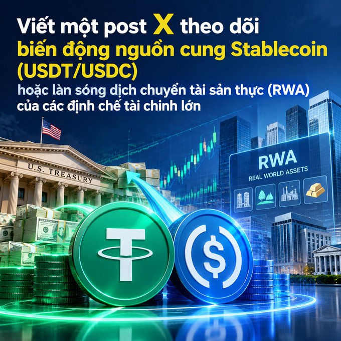 Vietnamese-language graphic encouraging users to post on X to track stablecoin supply (USDT/USDC) and RWA movements, featuring US Treasury imagery and crypto coins.