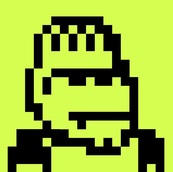 A black and neon green pixel art image showing an abstract humanoid figure.