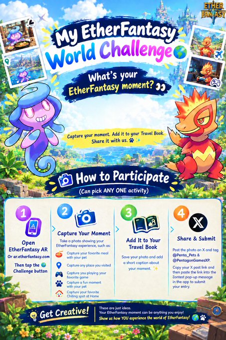 A colorful promotional poster for "My EtherFantasy World Challenge" details a 4-step participation guide using the EtherFantasy AR app, featuring a blue seahorse-like creature and a fiery dragon mascot.
