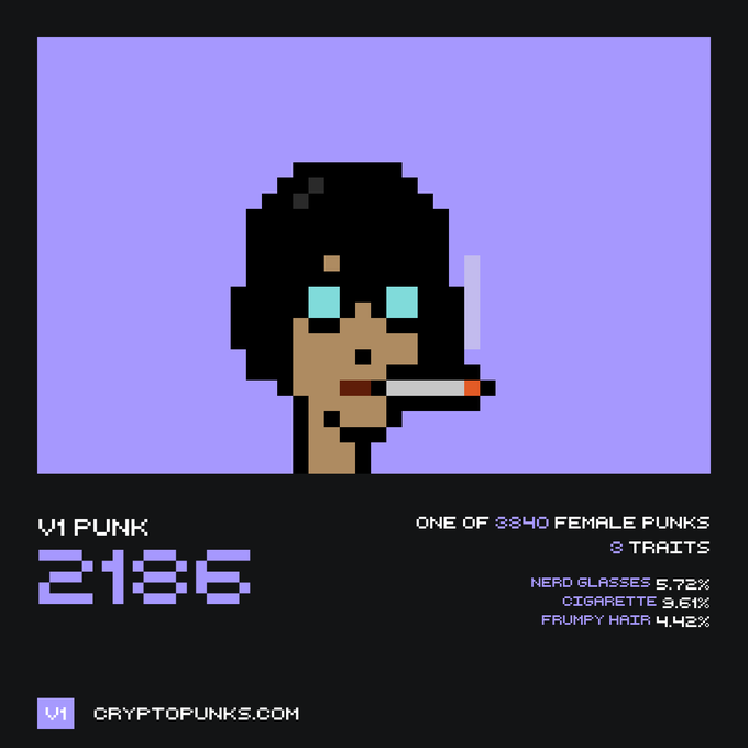 A pixel art image of a female CryptoPunk #2186 with nerdy glasses, a cigarette, and frumpy hair on a purple background, noting 3 traits and 8840 female punks in the collection.