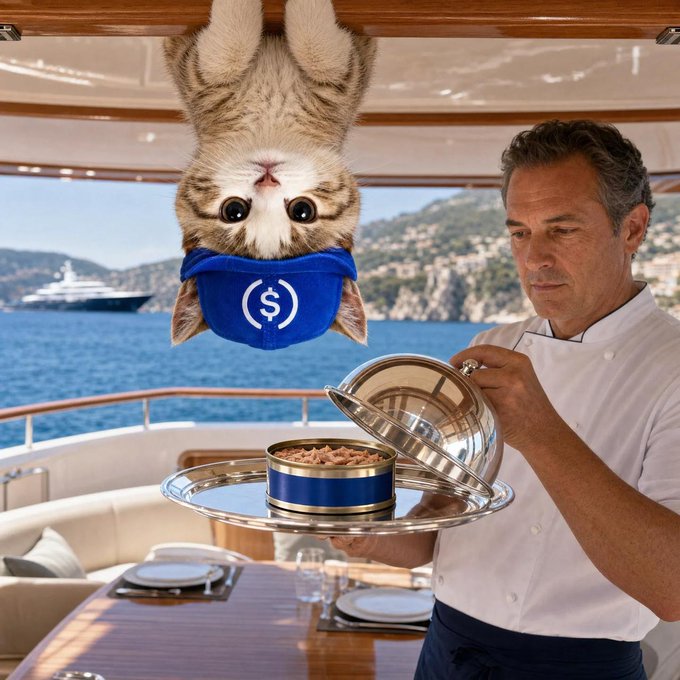 A chef on a luxury yacht presents a silver cloche revealing cat food, while an upside-down kitten wearing a blue USDC ($) bandana hangs from the ceiling — playfully illustrating an "UpsideDown Morning" moment tied to USDC.