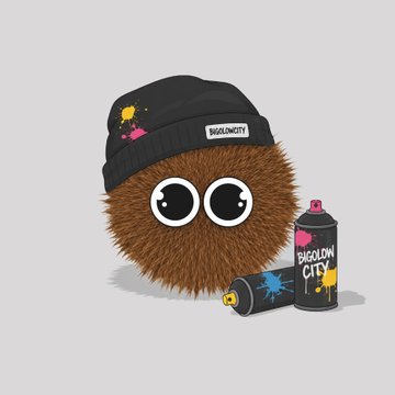 A 3D-rendered fuzzy brown spherical character wearing a black 'BAGLACITY' beanie sits next to spray paint cans labeled 'BAGLACITY' on a light background.