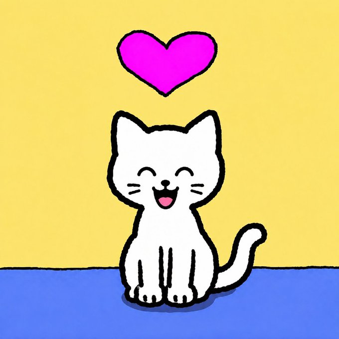 The image features a white cat sitting on a blue surface, with its mouth open as if it's panting or laughing. The cat has a heart-shaped headband around its neck, adding a whimsical touch to the scene. The background is yellow, which contrasts nicely with the blue surface and the white cat. There are no other objects in the image besides the cat and the heart-shaped headband.