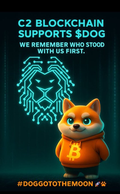 A graphic announcing 'C2 BLOCKCHAIN SUPPORTS $DOG' with the tagline 'WE REMEMBER WHO STOOD WITH US FIRST,' featuring a neon blue lion head logo and a cartoon Shiba Inu wearing a Bitcoin hoodie, hashtagged #DOGGOTOTHEMOON.