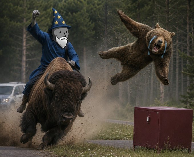 A wizard in a blue star-patterned robe rides a charging bull while a crying bear leaps through the air near a red box, symbolizing the bullish surge overwhelming bearish opposition as "85K+" BTC targets approach.