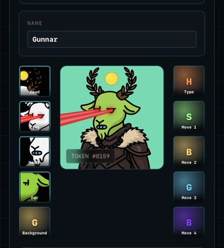 A digital NFT interface displaying a cartoon deer head with antlers, sunglasses, and a fur coat named 'Gunnar' with token #8169.