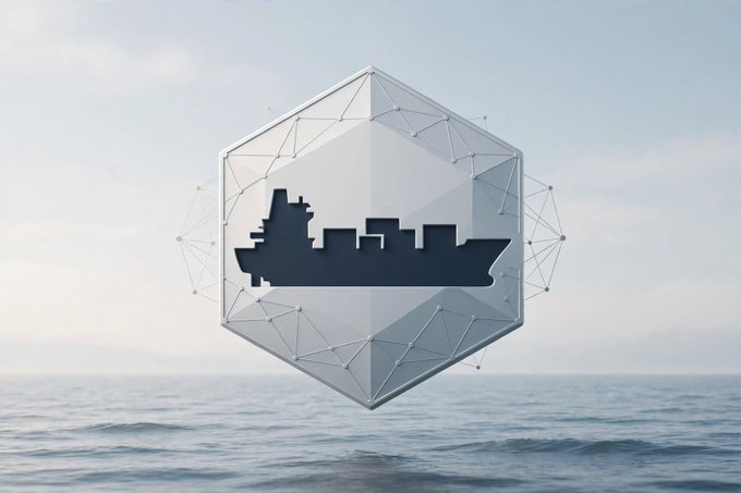 A 3D hexagonal logo containing a dark silhouette of a warship, surrounded by a network mesh of connected dots and lines, floating above an ocean horizon.