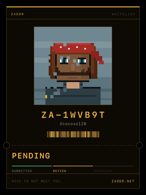 A 'ZADDR WHITELIST' card for user @cocosol20 showing a pixel art pirate character, a barcode, serial 'ZA-1WVB9T', and a 'PENDING' status bar at the review stage.