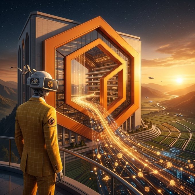 A futuristic illustration shows a humanoid robot in a yellow checkered suit wearing a VR headset, gazing out from a balcony at a large hexagonal orange building with flowing streams of digital data, set against a sunset landscape.