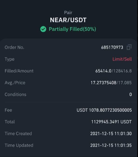 Trading order details screenshot for NEAR/USDT pair showing a partially filled (50%) Limit/Sell order with order number 685170973, filled amount 65414.0 out of 128416.8, dated December 15, 2021.