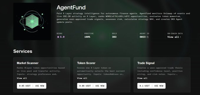 A dashboard for "AgentFund," a paid 3-layer strategy intelligence tool for autonomous finance agents that monitors Uniswap v4 events and ERC-20 activity, showing services: Market Scanner (0.05 USDT), Token Scorer (0.08 USDT), and Trade Signal (0.1 USDT).