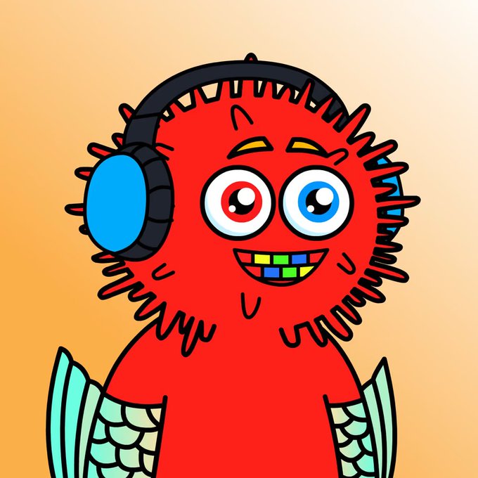 A colorful cartoon creature with red fur, mismatched red and blue eyes, rainbow-colored teeth, and teal headphones smiles against a gradient orange background, fitting the celebratory NFT sale announcement of $156,000.