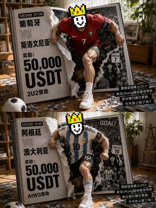 The image features two promotional sports betting posters showing a pixelated-crowned "UKong" mascot bursting through pages displaying upcoming football matches: Portugal vs Slovenia on June 28 at 07:30 (50,000 USDT prize, 2U2 sponsor) and Argentina vs Australia on June 28 at 10:00 (50,000 USDT prize, AIW3 sponsor), both promoted on the OKX platform. These correspond to the post's mention of tomorrow's "two kings' matches," specifically Portugal, aligning with the author's bet on Portugal to win.