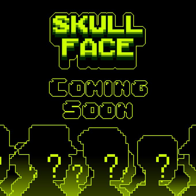 A pixel art promotional graphic for 'SKULL FACE' game with 'COMING SOON' text and silhouetted skull shapes marked with question marks against a black background.