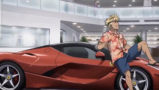Anime-style illustration of a blonde-haired male character in a Hawaiian shirt and shorts leaning against a red Ferrari LaFerrari in what appears to be a showroom setting.