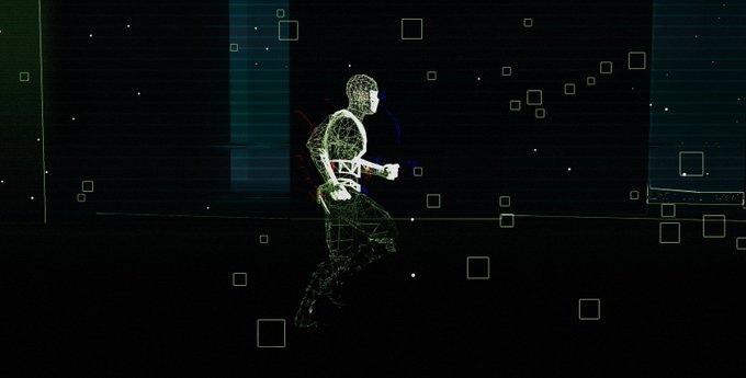 A stylized, dark image of a humanoid figure composed of green wireframe lines, surrounded by floating yellow squares on a dark background.