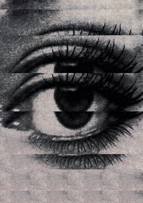 A grainy black-and-white close-up of a human eye with prominent eyelashes, presented with a vintage newspaper print texture that complements the moody "Gn" caption.