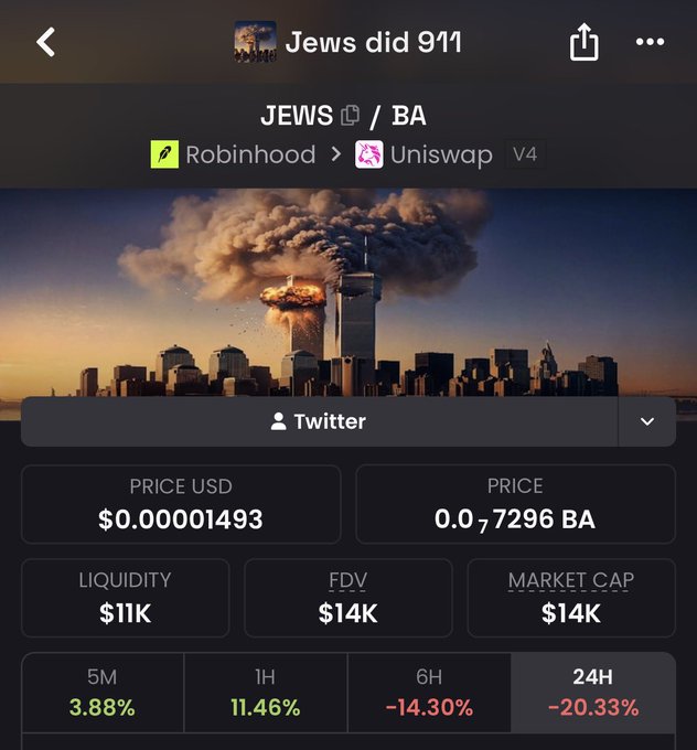 A cryptocurrency token page titled 'Jews did 911' (JEWS / BA) available on Robinhood and Uniswap V4, showing a price of $0.00001493, $11K liquidity, and a $14K market cap, accompanied by an image of the 9/11 attacks on the World Trade Center.