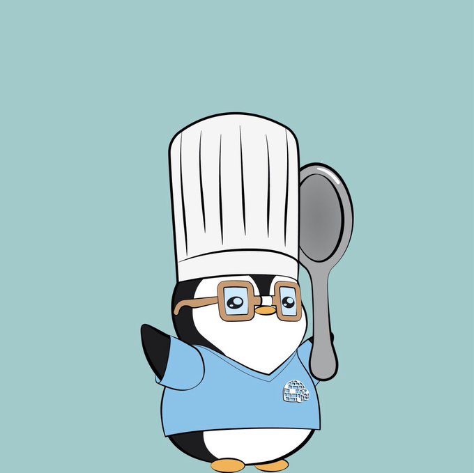 A digital illustration of a cute penguin mascot dressed as a chef, wearing a tall white chef's hat, glasses, a blue t-shirt with a logo, and holding a spoon against a teal background.