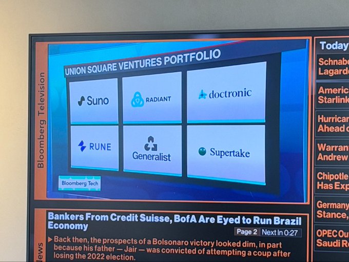 A Bloomberg Television broadcast displaying the 'Union Square Ventures Portfolio' which includes companies like Suno, RADIANT, doctronic, RUNE, Generalist, and Supertake, with a news ticker below.