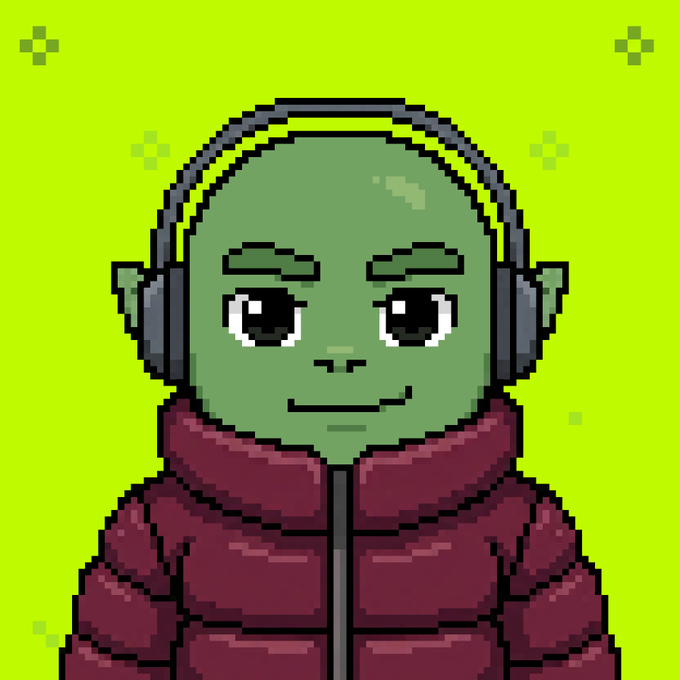 A pixel art illustration of a smiling green goblin character wearing headphones and a maroon puffer jacket against a bright green background. The image pairs with the post's announcement about an upcoming mint date reveal and closing collaborations, with the goblin's headphones humorously suggesting it has insider knowledge of the details.