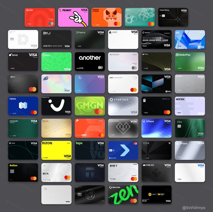 A grid showing numerous Visa debit/credit card designs from various crypto and fintech companies including Kraken, Peanut, MetaMask, Cake, Airtm, Cake2Layer, and many others, with a green 'zen' overlay on one card.