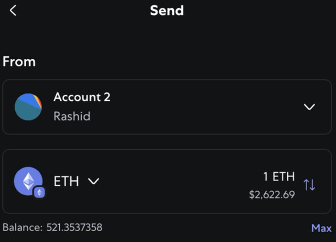 A cryptocurrency wallet app's "Send" screen shows a transfer of 1 ETH (valued at $2,622.69) being prepared from Account 2 "Rashid," with a balance of 521.3537358 ETH available—directly illustrating the giveaway promised in the post to a random follower who follows, retweets, and comments "$ETH".