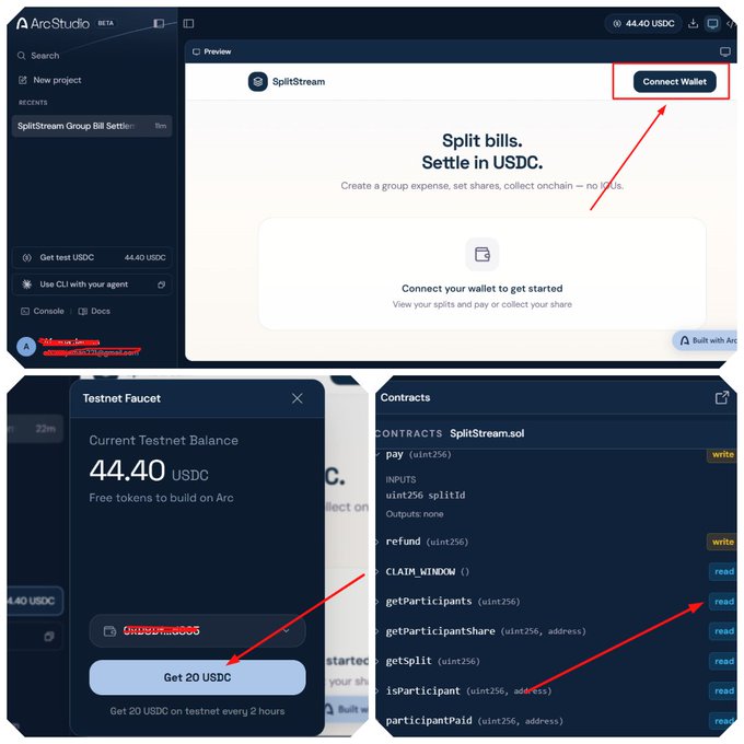 ArcStudio platform screenshots showing the SplitStream app preview, a 'Connect Wallet' button, a Testnet Faucet with 44.40 USDC balance and 'Get 20 USDC' option, and SplitStream.sol smart contract functions including pay, refund, getParticipants, and getSplit.