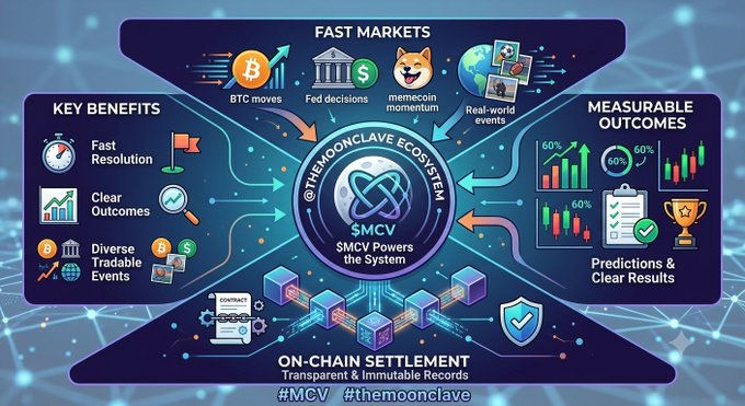 An infographic titled '@THE MOONCLAVE ECOSYSTEM' shows SMCV powering a prediction market system with sections for Fast Markets, Key Benefits, Measurable Outcomes, and On-Chain Settlement, tagged #MCV #themoonclave.