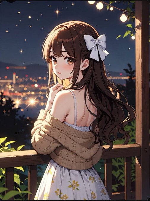 The image features a girl with long brown hair wearing a white bow, standing on a balcony overlooking a city at night. The girl appears to be looking out over the cityscape, possibly admiring its beauty or contemplating something. The background of the image is filled with lights from various buildings and streetlights, creating a vibrant and lively atmosphere. The caption for the image reads: "Good night legends @RiverdotInc simplifying cross chain DeFi with satUSD collateral on one chain minting on another no bridging needed."