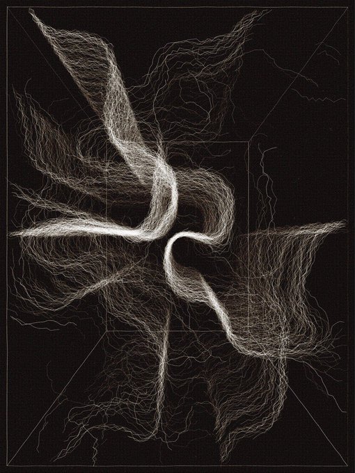 An abstract black-and-white digital artwork featuring swirling white lines that form an organic, net-like structure within a rectangular frame, resembling neural networks or generative art.