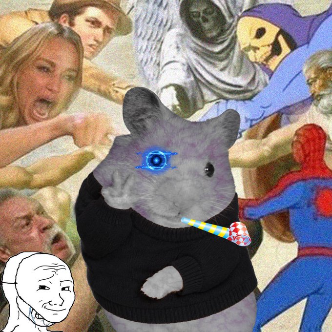 A chubby hamster wearing a black sweater with a glowing blue cyber eye smokes a candy pipe, set against a chaotic collage background featuring classical paintings, a grim reaper, and Spider-Man, with a "Wojak" face meme in the corner—capturing the "chad" crypto mascot vibe typical of NFT project promotions like this CashCats mint announcement.