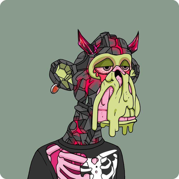 A stylized illustration of a character with a dark, cracked rocky body, glowing red accents, horns, and melting green slime dripping from its face, wearing a black shirt with a skeleton design against a gray-green background.