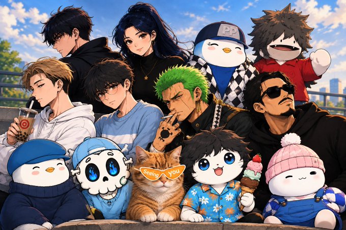 An anime-style illustration featuring a group of stylized characters and cute mascots (including a cat wearing 'Seeing You' glasses and a penguin in a 'PP' cap) posing together outdoors with a cityscape in the background.