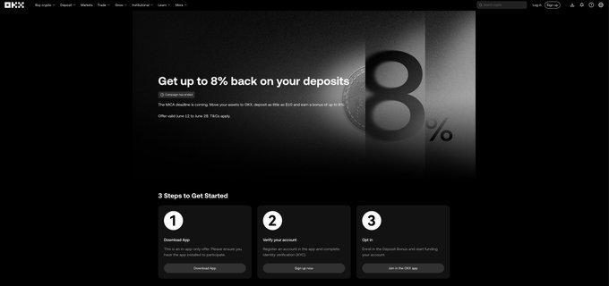 The image shows OKX's promotion page offering "Get up to 8% back on your deposits" as a limited campaign for European customers, with details on the 3 steps to get started: downloading the app, verifying the account, and opting in. This relates to the post, which accuses OKX of scamming European customers by quietly deleting the 8% campaign after promoting it, deceiving users who transferred their funds based on that promise.