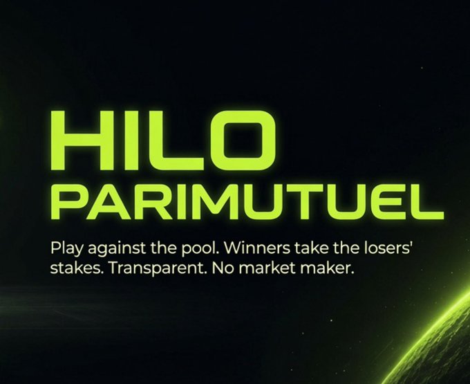 A dark graphic displays 'HILO PARIMUTUEL' in glowing green text, with the tagline 'Play against the pool. Winners take the losers' stakes. Transparent. No market maker.'